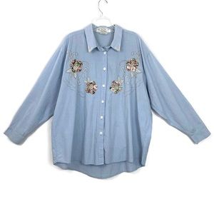 HGNY Embellishments floral stitched button up long sleeve chambray Y2K top